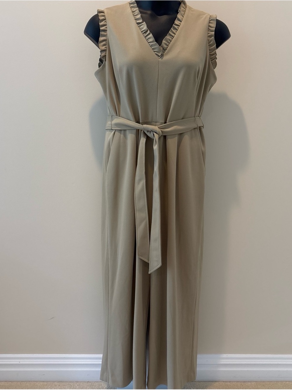 Calvin Klein Sleeveless V-Neck Belted Jumpsuit in Beige